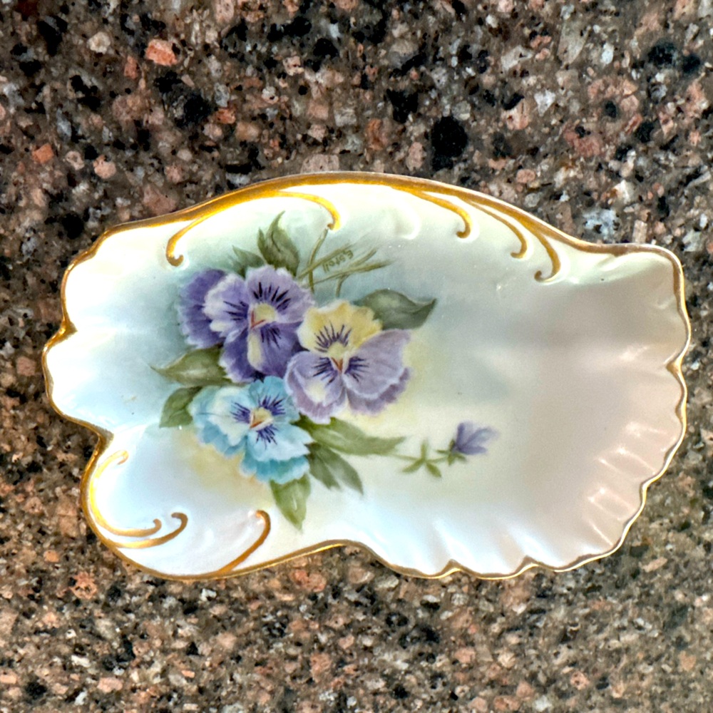 Vintage Ceramic Floral Dish 22k Gold Trim Pastel Colors 5”x3.5” - SIGNED MCM